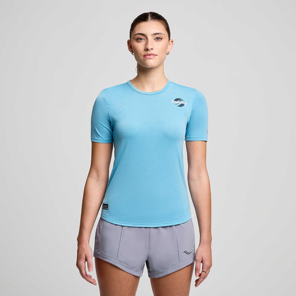 Saucony Stopwatch Graphic Short Sleeve Turquoise | 96832-XFAG